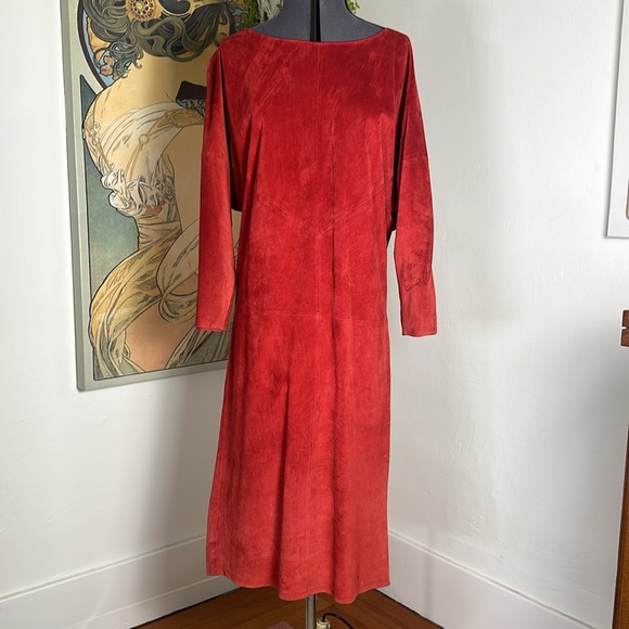 Dresses & Skirts - Women’s Vintage 80’s Genuine Red Orange Suede Leather Quarter Sleeve Midi Dress